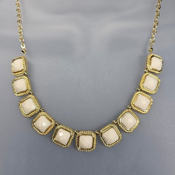 Square Station Necklace Cream Gems Goldtone Picture Frame Feminine Jewelry - Picture 2 of 8